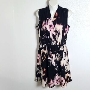 Simply Vera Sleeveless Faux Wrap Short Dress, Black, Purple & White, Size Medium